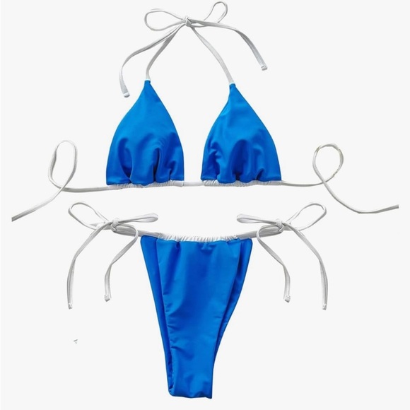 Micro bikini with tie up sides bottom and top blue with white strings size Med - Picture 1 of 4